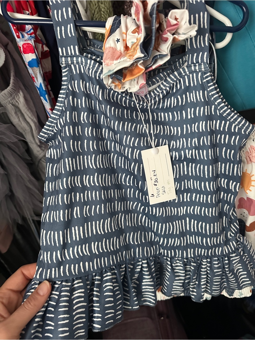 Kids Ruffle Hem Tank Top - Blue Patterned with matching shorts.  Size 6.